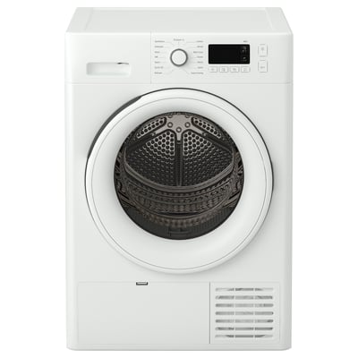 Front-loading white dryer with digital controls, round door, and vent at bottom.