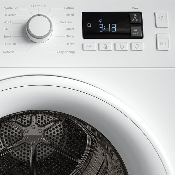 Front-load dryer control panel with modes and timer.