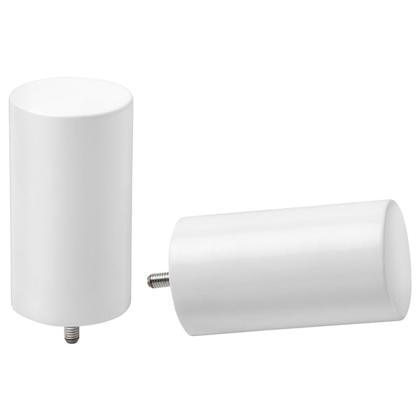 Two white, cylindrical curtain finials made of metal with a modern design. One is upright, the other lies horizontally.