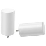 Two white, cylindrical curtain finials made of metal with a modern design. One is upright, the other lies horizontally.