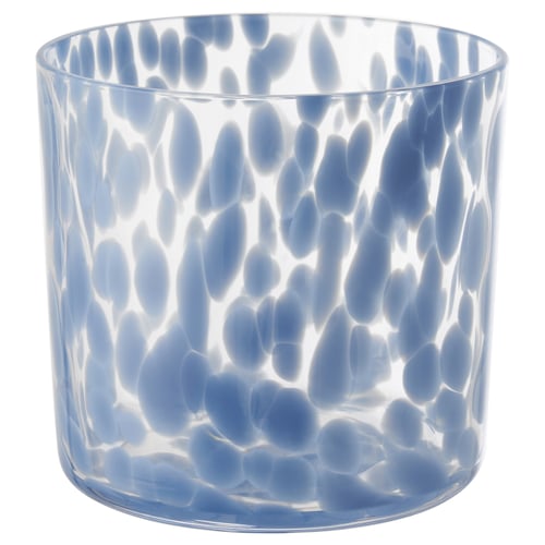 A cylindrical, light blue glass vase with a textured, bubble-like pattern.
