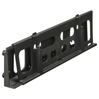 Black UPPDATERA recycled guide rail for under-sink storage with multiple slots.