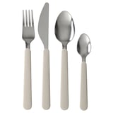 Four-piece beige-handled stainless steel cutlery set: fork, knife, large spoon, small spoon.