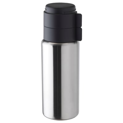 Silver insulated bottle with black lid, practical for travel or outdoors, durable stainless steel body.