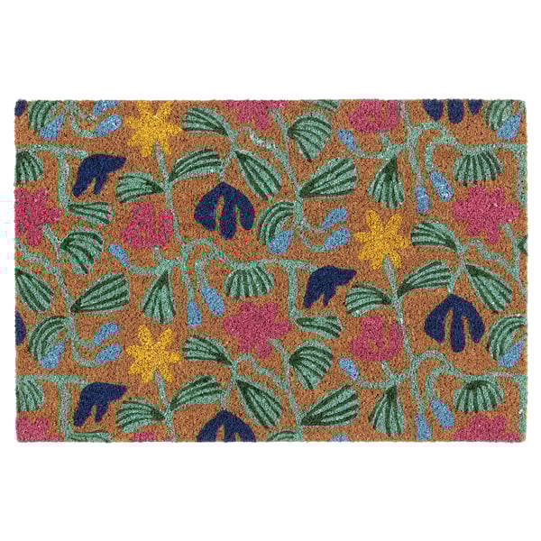 VÄGKURVA doormat: rectangular, colorful floral design on brown coir background. Vibrant hues, made from eco-friendly coconut fiber.