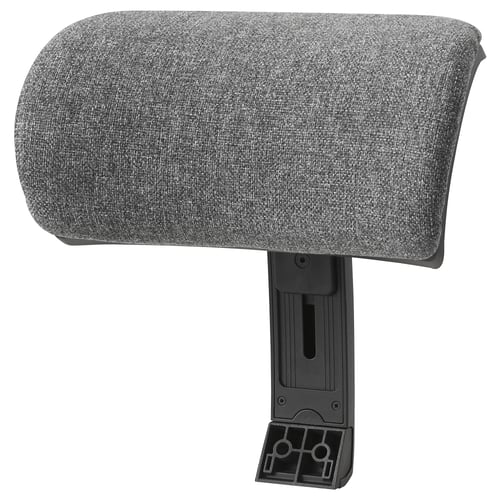Grey office chair headrest, adjustable, upholstered in fabric, attached to black plastic base.
