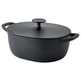 Black VARDAGEN cast iron casserole with lid and handles, perfect for even heat and slow-cooking.
