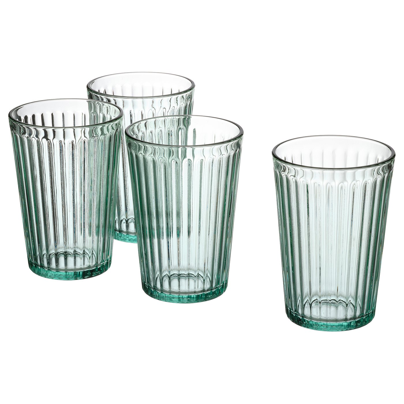 Four clear green-tinted, fluted glass cups with large bases and narrow rims, arranged in a line. Made of tempered glass.