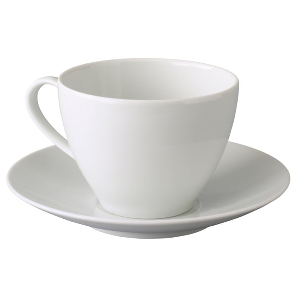 White feldspar porcelain teacup with matching saucer, simple design.