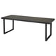 Option: A VÄRMANSÖ black outdoor table with a wooden look, made of recycled aluminium and steel. Rectangular shape, modern design.