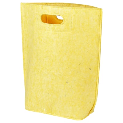Yellow reusable shopping bag, made from recycled materials, with two handle cutouts.