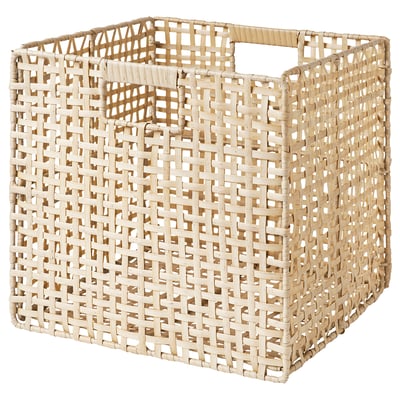 Woven light brown storage basket with sturdy handles.