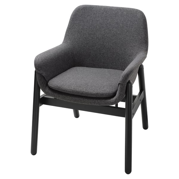 Gray VEDBO armchair, polyester, black legs.