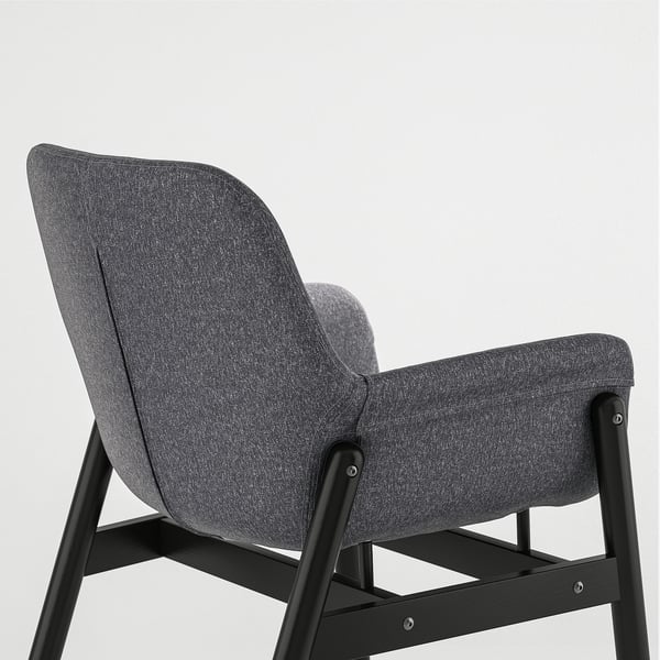 Modern upholstered chair with black frame, grey fabric, and armrests. Ideal for dining, comfortable and stylish.