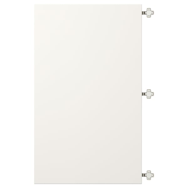 White cabinet door, three attached hinges, rectangular shape.