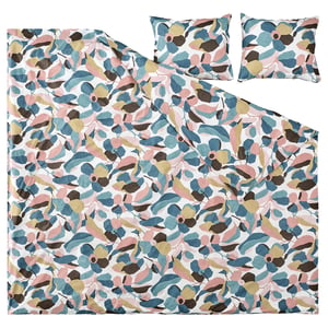 VIDEOXBÄR leaf bedding set in blue, pink, green. Cotton lyocell, duvet, pillows. Breathable, comfy.