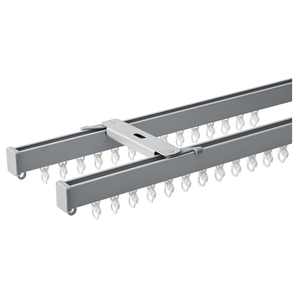 VIDGA gray ceiling-mounted dual-track curtain rail system with hooks.