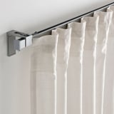 Curtain rail system; easy to assemble, flexible, hangs curtains. Ceiling fittings shown, holds up to 5 kg.