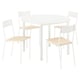 White round dining table with four matching chairs. Modern, minimalist design with metal frames and wooden seats.