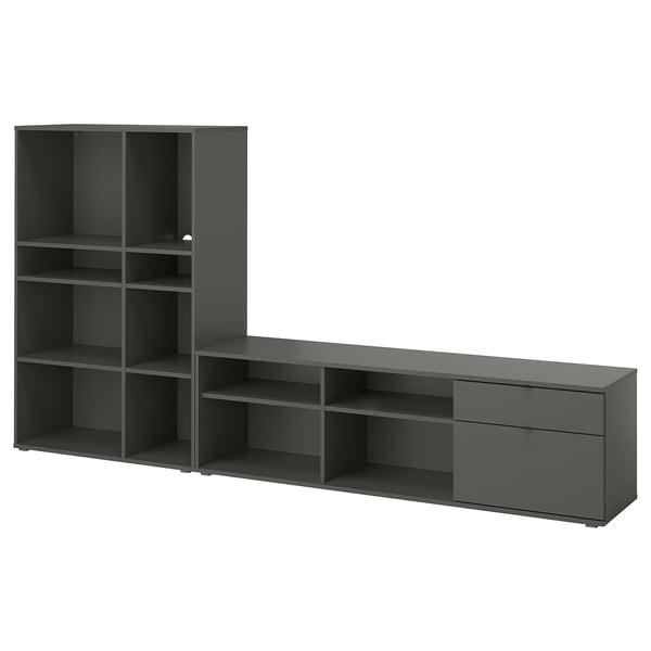 Modern black storage set: shallow tv unit and tall cube shelves. Sleek, minimalist design. Ideal for living spaces or offices.