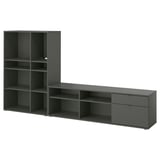 Modern black storage set: shallow tv unit and tall cube shelves. Sleek, minimalist design. Ideal for living spaces or offices.