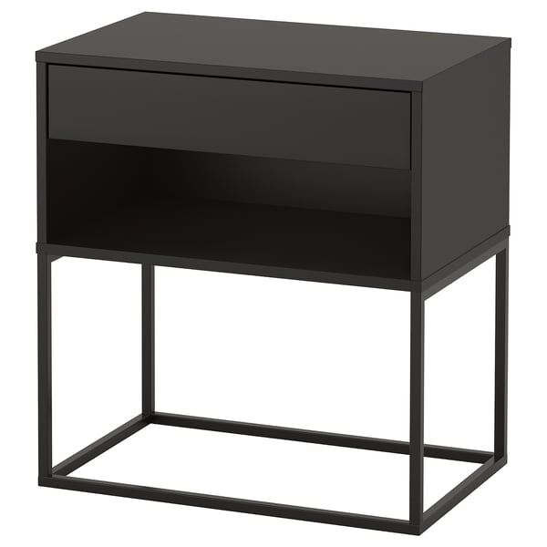 Black VIKHAMMER nightstand, rectangular with single drawer, metal frame, simple design.