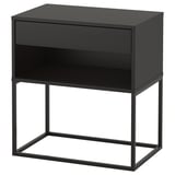 Black VIKHAMMER nightstand, rectangular with single drawer, metal frame, simple design.