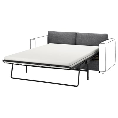 Modern gray sofa-bed, sleek design, metal frame, convertible with cushions.