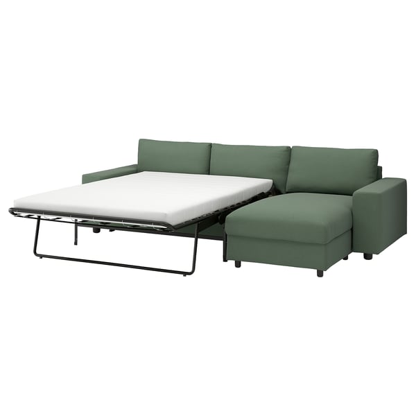 VIMLE 3-seat sofa-bed with chaise longue, with wide armrests/Knäbäck grey-green