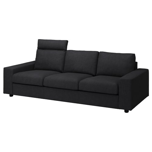 Black VIMLE sofa, modern design, three-seater, plush cushions, grey pattern, wooden legs.