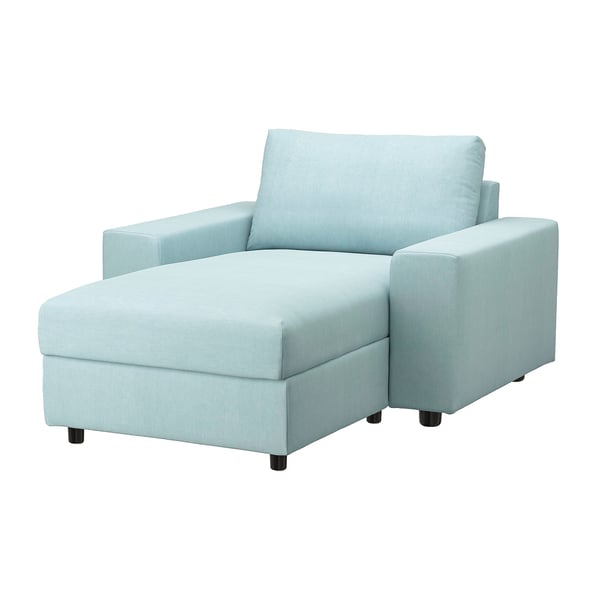 VIMLE light blue sofa chair with storage, square shape, removable cover.