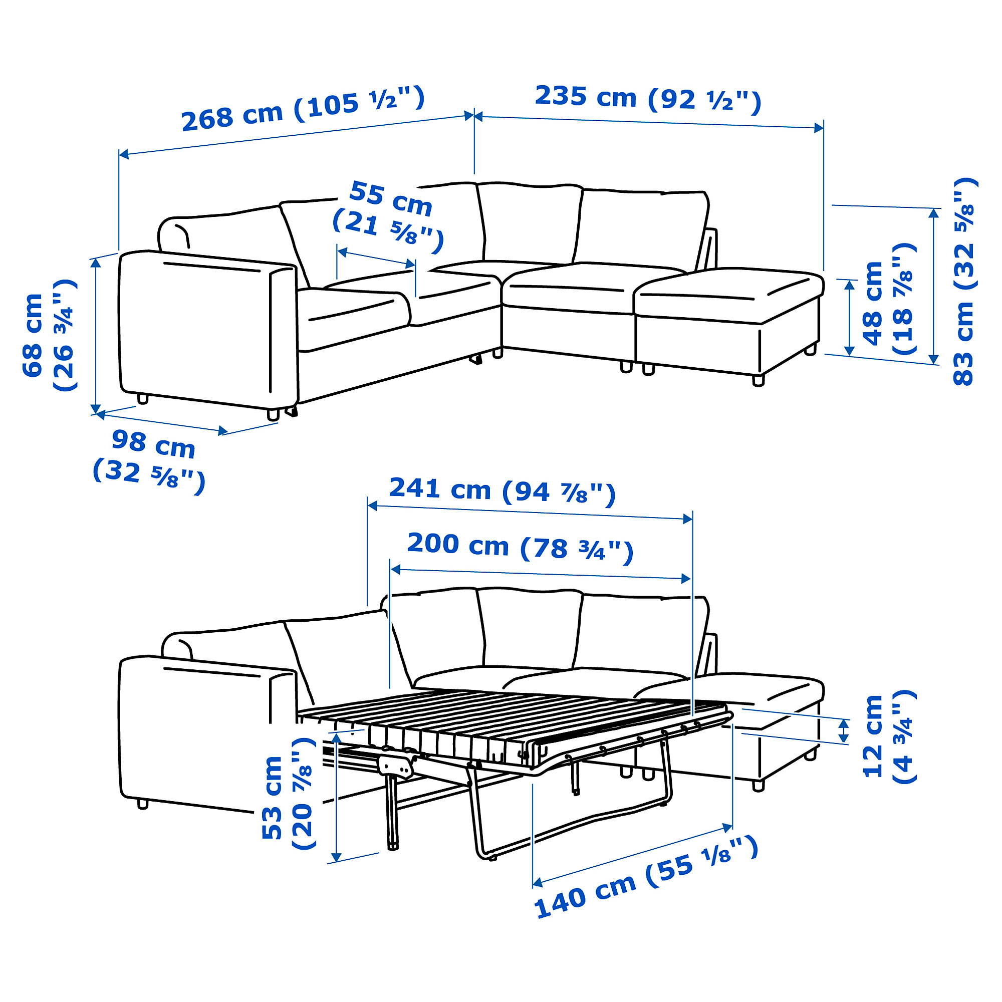 VIMLE Corner sofabed, 4seat with open end/Orrsta blackblue IKEA