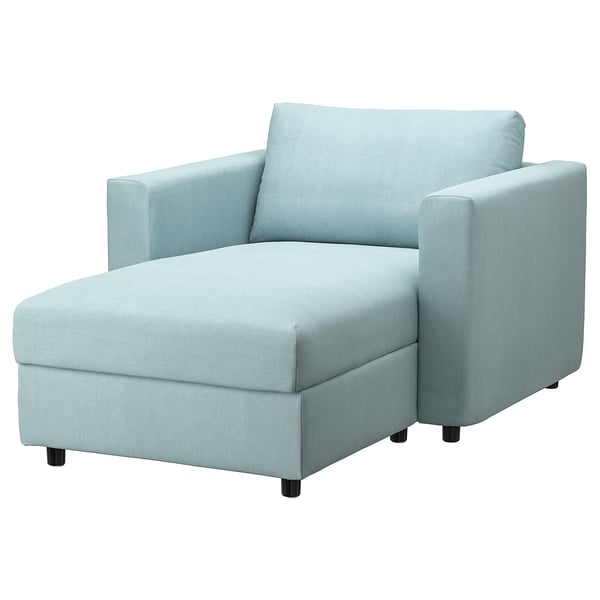 An ikea VIMLE light blue sofa chaise in circular design, upholstered in recycled polyester and cotton.