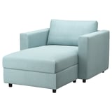 An ikea VIMLE light blue sofa chaise in circular design, upholstered in recycled polyester and cotton.