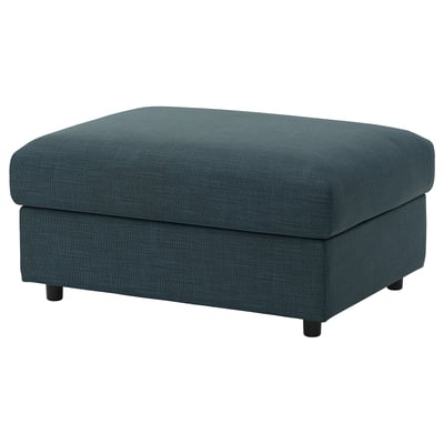 VIMLE ottoman, teal blue, square, plush fabric, four wooden legs.