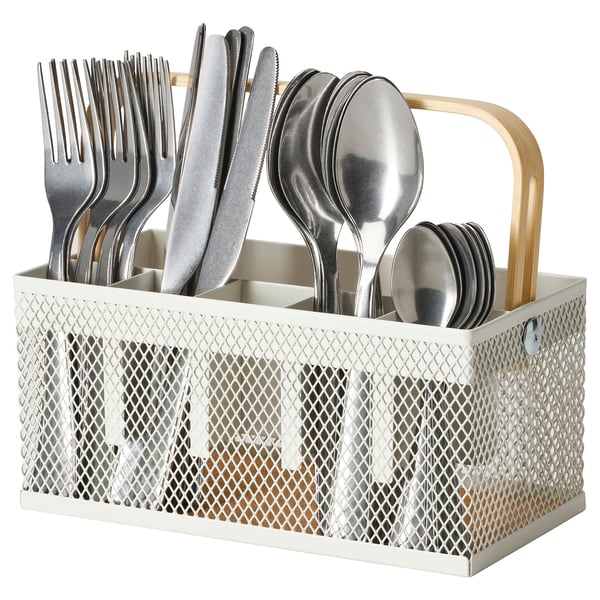 White VIMPELFISK cutlery holder, diamond mesh, bamboo handle, stores forks, knives, spoons.