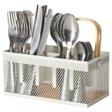 White VIMPELFISK cutlery holder, diamond mesh, bamboo handle, stores forks, knives, spoons.