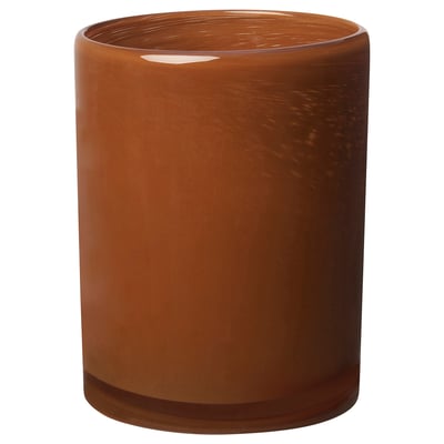 Brown glass candle holder, cylindrical shape, textured design, handcrafted.