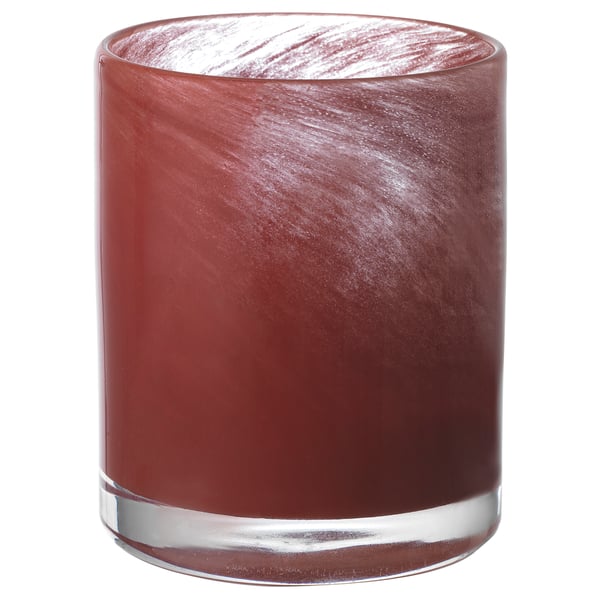 Red glass candle holder, cylindrical, painted, reflective pattern.