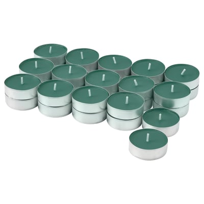Collection of green VINTERFINT tealights in aluminum cups, uniformly arranged with wicks visible.