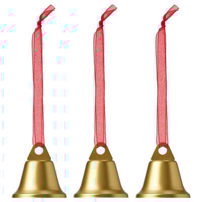 Three golden bells with red ribbons ready for christmas tree.