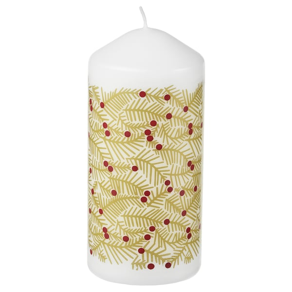 White scented pillar candle with gold branches and red berries, rectangular, made from plant-based wax.
