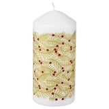 White scented pillar candle with gold branches and red berries, rectangular, made from plant-based wax.