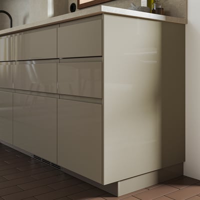 VOXTORP: high-gloss, beige kitchen cabinets with sleek, modern design.