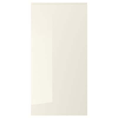 A sleek, beige high-gloss cabinet door with integrated handles, part of the VOXTORP collection.