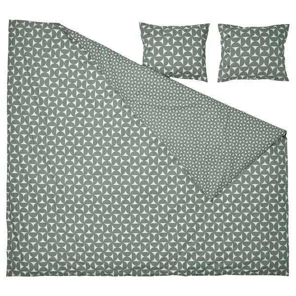 Grijsgroen beddengoed set met geometrisch patroon, inclusief dekbedovertrek en twee kussenslopen, gemaakt van 80% katoen, 20% viscose.