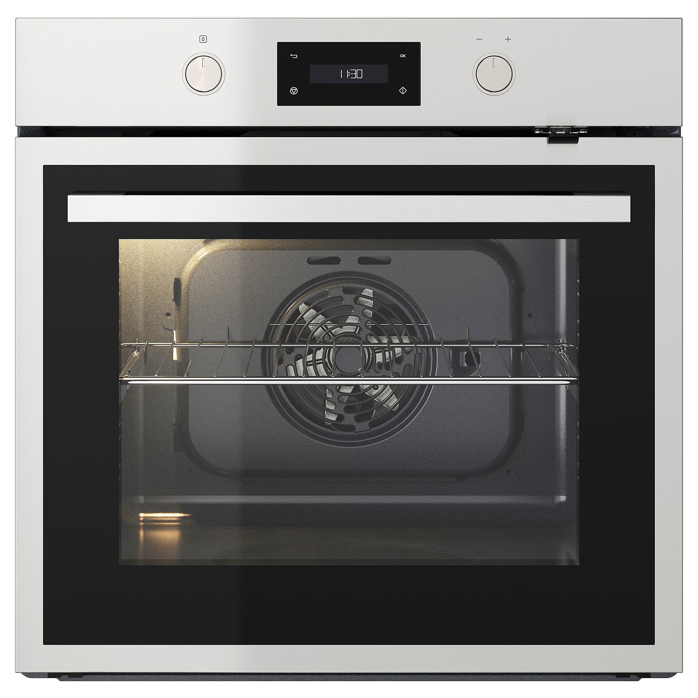 Moderne zilveren zelfreinigende oven met digitaal display, roestvrijstalen handvat en telescopische rekken.