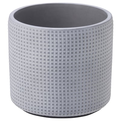 Grijze concrete plantenbak, cilinder met diamanttextuur