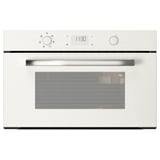 Een witte BEJUBLAD magnetron met strak design en metalen handvat.
