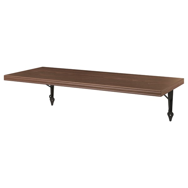 BERGSHULT houten wandplank, bruin, rechthoekig, ondersteund door zwarte metalen beugels.
